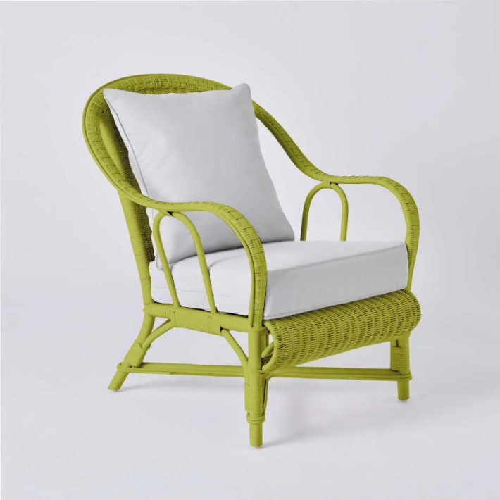 PRIMAVERA collection armchair in grass green lacquered rattan with pearl grey fabric