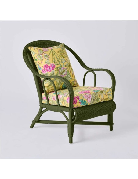 Fauteuil collection PRIMAVERA en rotin laqué vert bronze tissu bouquet yellow