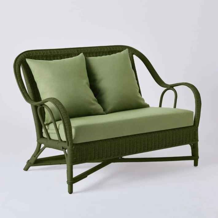 Canapé 2 places collection PRIMAVERA en rotin laqué vert bronze avec tissu vert