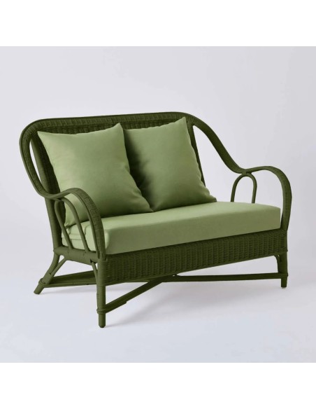 Canapé 2 places collection PRIMAVERA en rotin laqué vert bronze avec tissu vert