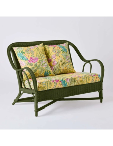 Canapé 2 places collection PRIMAVERA en rotin laqué vert bronze avec tissu bouquet yellow