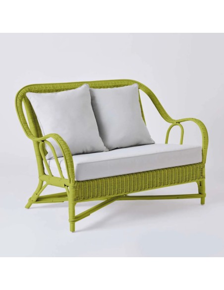 2-seater sofa from the PRIMAVERA collection in grass green lacquered rattan with pearl grey fabric