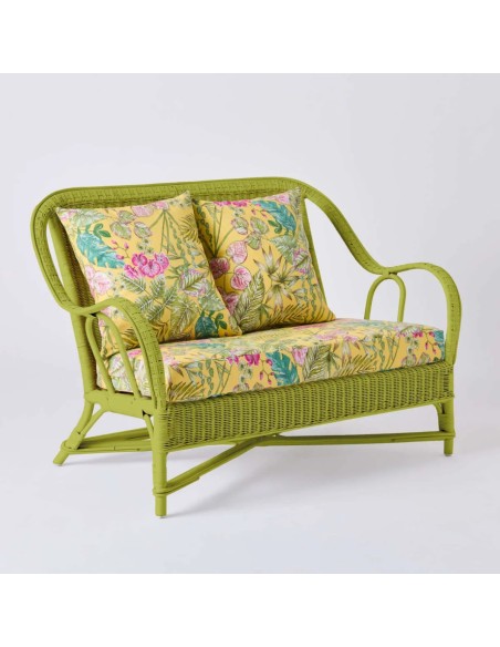 2-seater sofa from the PRIMAVERA collection in grass green lacquered rattan with bouquet yellow fabric
