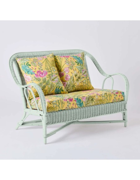 2-seater sofa from the PRIMAVERA collection in pistachio lacquered rattan with bouquet yellow fabric