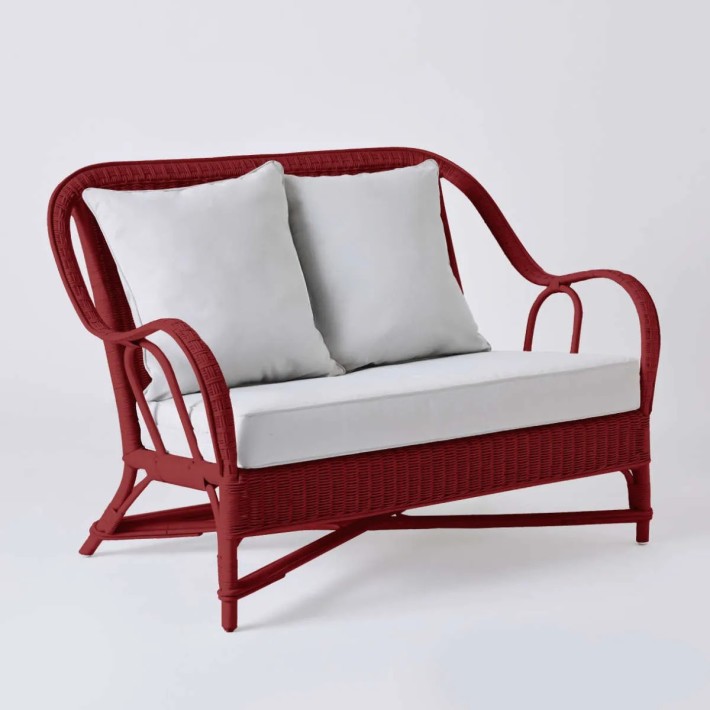 PRIMAVERA collection 2-seater sofa in ruby red lacquered rattan with pearl grey fabric