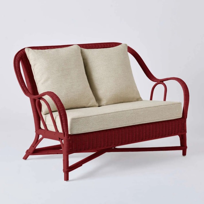 PRIMAVERA collection 2-seater sofa in ruby red lacquered rattan with grey chenille fabric