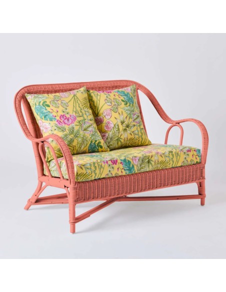 PRIMAVERA collection 2-seater sofa in coral lacquered rattan with bouquet yellow fabric