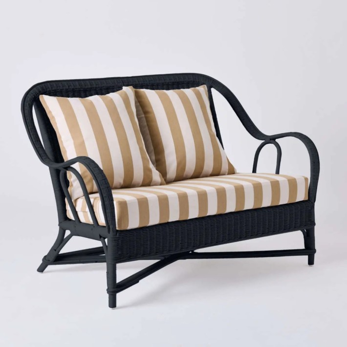 PRIMAVERA collection 2-seater sofa in black lacquered rattan with beige striped fabric