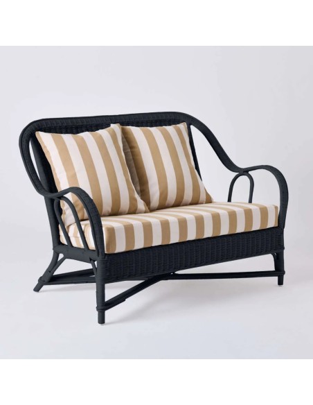 Canapé 2 places collection PRIMAVERA en rotin laqué noir avec tissu rayures beiges