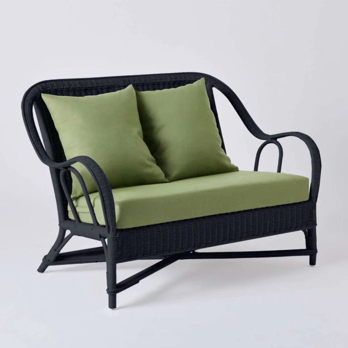 PRIMAVERA collection 2-seater sofa in black lacquered rattan with green fabric