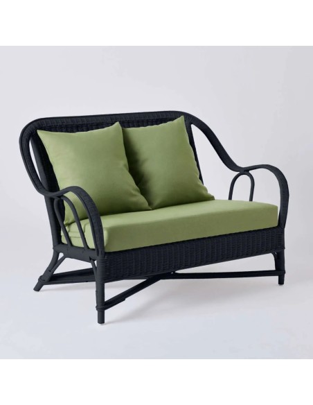 Canapé 2 places collection PRIMAVERA en rotin laqué noir avec tissu vert