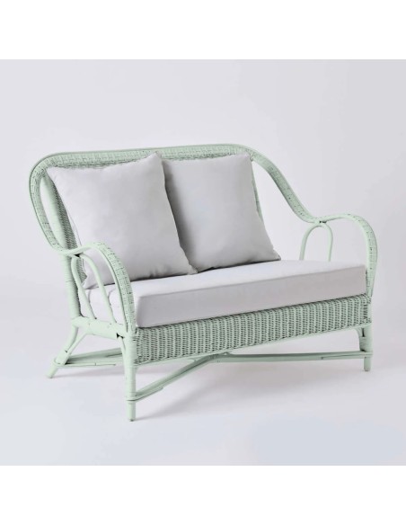 2-seater sofa from the PRIMAVERA collection in pistachio lacquered rattan with pearl grey fabric