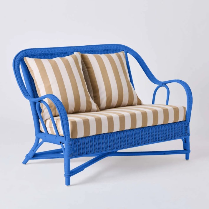 2-seater sofa from the PRIMAVERA collection in Greek blue lacquered rattan with beige striped fabric