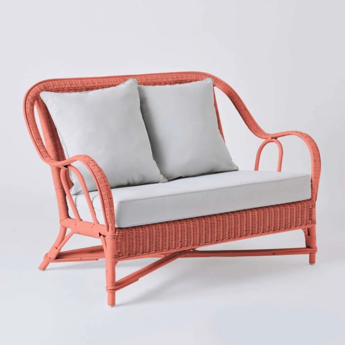 2-seater sofa from the PRIMAVERA collection in Greek blue lacquered rattan with pearl grey fabric