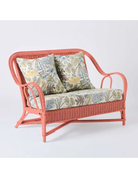 PRIMAVERA collection 2-seater sofa in coral lacquered rattan with ecru bouquet fabric