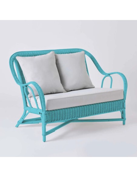 2-seater sofa from the PRIMAVERA collection in azure blue lacquered rattan with pearl grey fabric