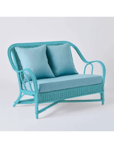 2-seater sofa from the PRIMAVERA collection in azure blue lacquered rattan with azure fabric