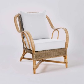 NANTUCKET armchair in distressed rattan with pearl grey fabric