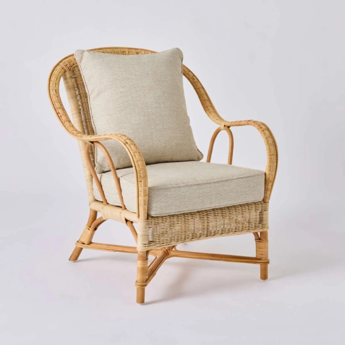 NANTUCKET woven rattan armchair with grey chenille fabric