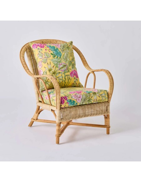 NANTUCKET woven rattan armchair with bouquet yellow fabric