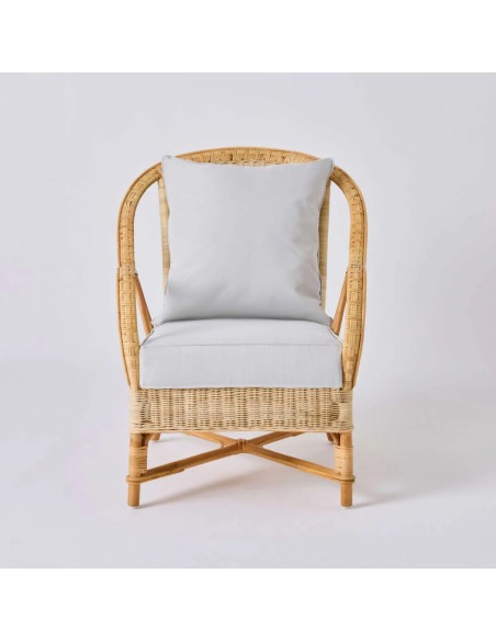 Front view of NANTUCKET natural rattan armchair with basic grey fabric
