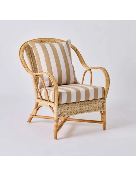 Fauteuil en rotin tressé NANTUCKET avec tissu rayures beiges