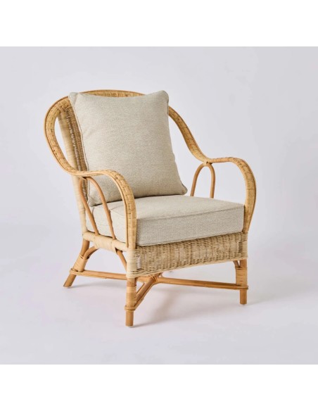 NANTUCKET woven rattan armchair with grey chenille fabric