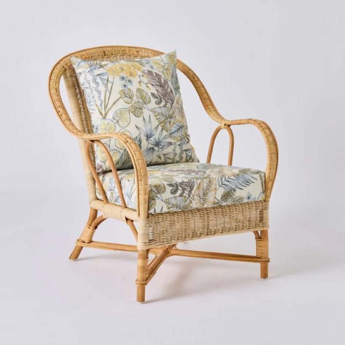 Fauteuil en rotin tressé NANTUCKET avec tissu bouquet écru