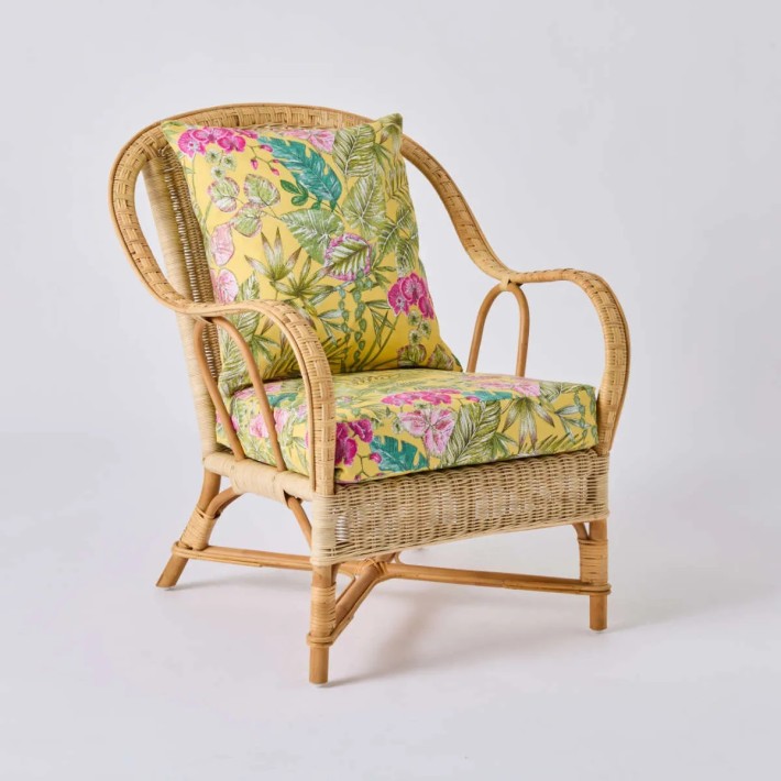 NANTUCKET woven rattan armchair with bouquet yellow fabric