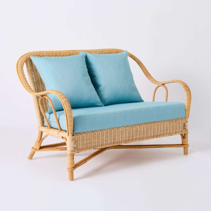 NANTUCKET natural rattan sofa, grandfather collection, aqua fabric