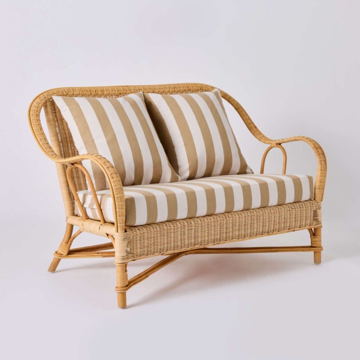 NANTUCKET natural rattan sofa from the Grandfather collection with burgundy striped fabric