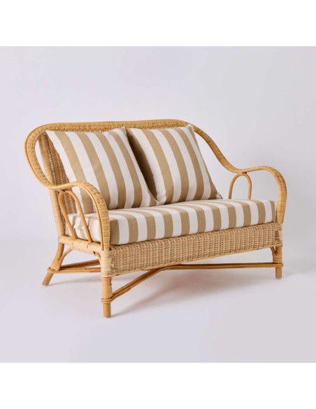 NANTUCKET natural rattan sofa from the Grandfather collection with burgundy striped fabric