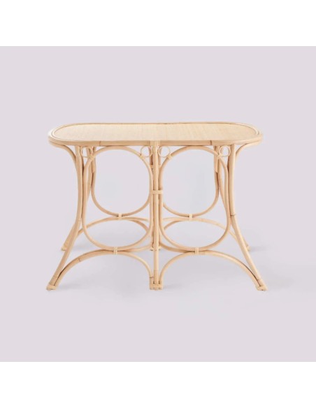 Vue de profil table ovale en rotin GINGKO