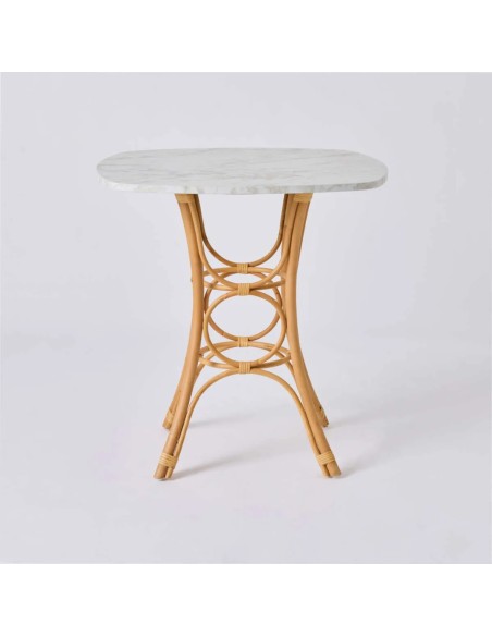 Pied vue de face table de repas/sellette en rotin GINGKO plateau carré effet marbre blanc