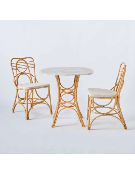 Ensemble table de repas/sellette en rotin GINGKO plateau carré effet marbre blanc avec chaises en rotin  GINGKO HORIZON