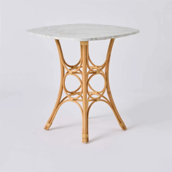 Table de repas/sellette en rotin GINGKO plateau carré effet marbre blanc