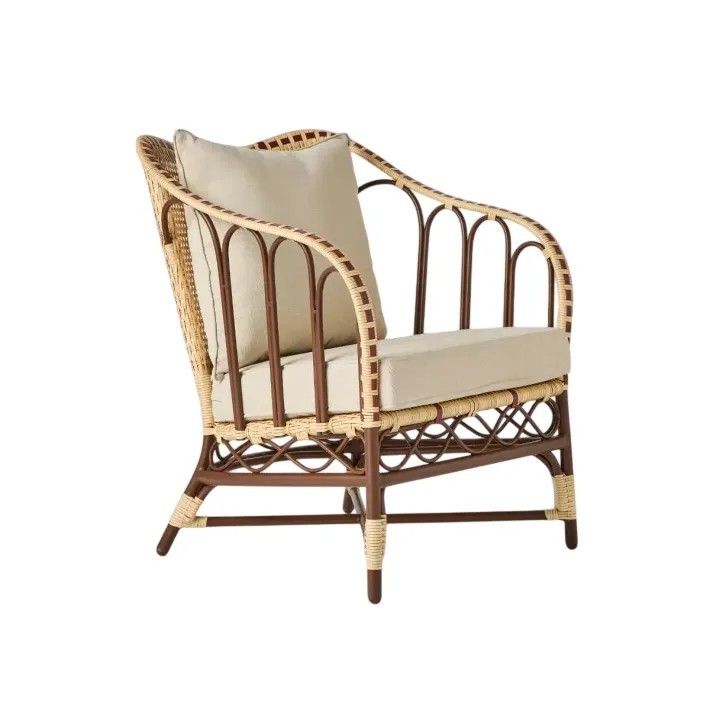 Fauteuil résine tressée Belle Epoque avec coussins - tissu beige
