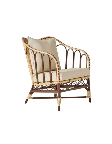 Fauteuil résine tressée Belle Epoque avec coussins - tissu beige