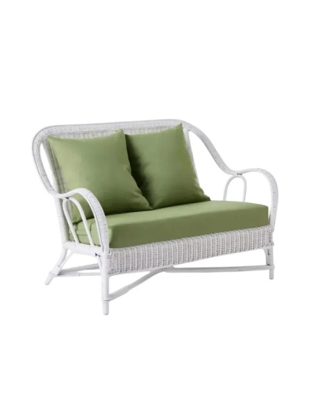 Canapé en rotin laqué blanc Primavera esprit grand-père avec coussins