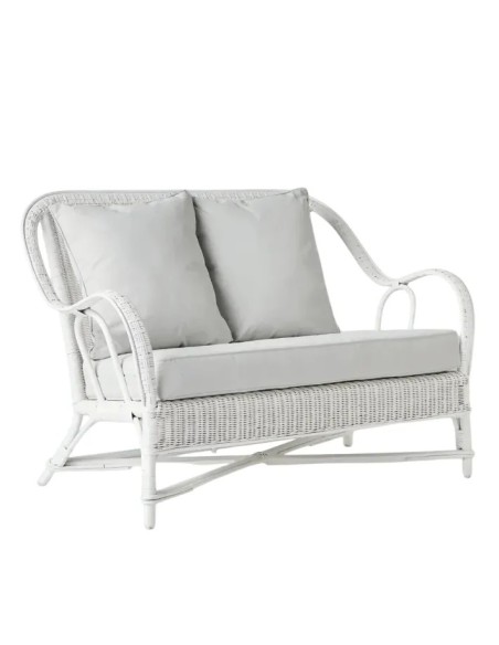 Canapé en rotin laqué blanc Primavera esprit grand-père avec coussins