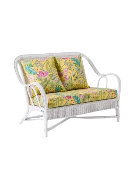 Canapé en rotin laqué blanc Primavera esprit grand-père avec coussins
