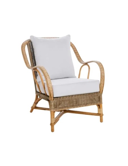 NANTUCKET armchair in weathered rattan with pearl grey fabric and white base