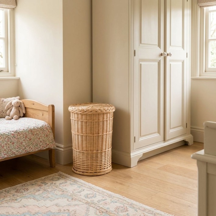 Medium-sized round white rattan laundry basket