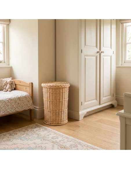 Medium-sized round white rattan laundry basket