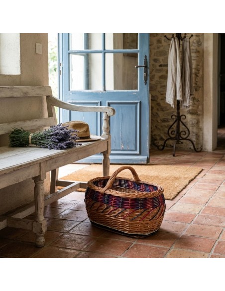 Wicker shopping basket with a blue and pink pattern