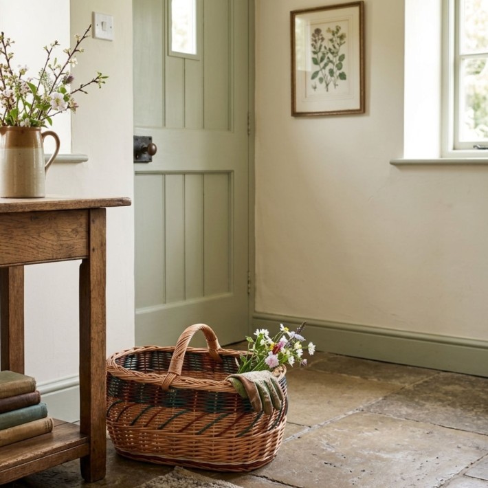 Panier en osier motif bruns-verts ambiance