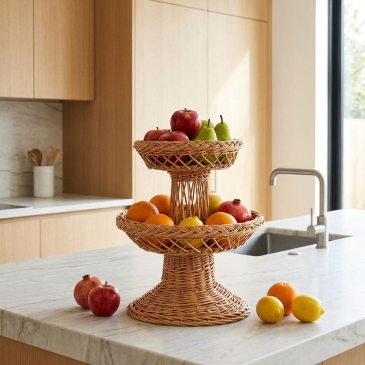 Two-tier brown wicker display stand with a cosy feel