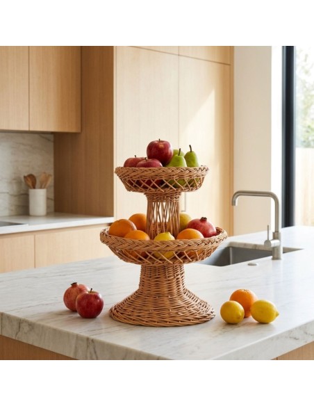 Two-tier brown wicker display stand with a cosy feel