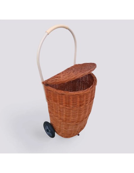 Brown natural wicker shopping basket on wheels