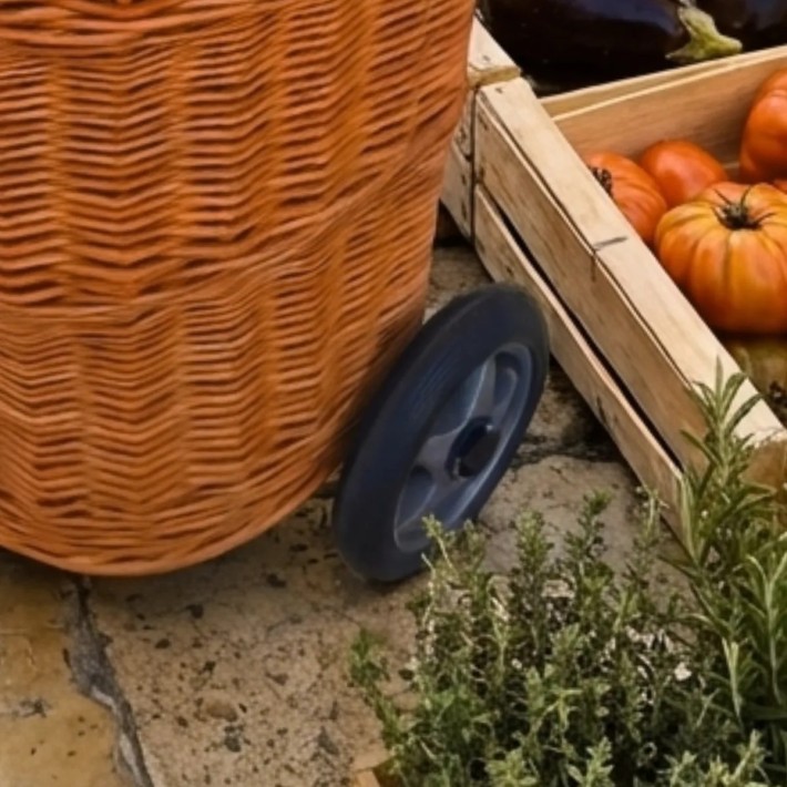 Détail grandes roues en plastique du panier à commissions en osier brun